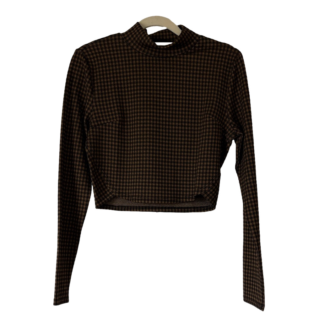SADIE & SAGE Brown and Black Houndstooth Long Sleeve Top NWT - Picture 2 of 9